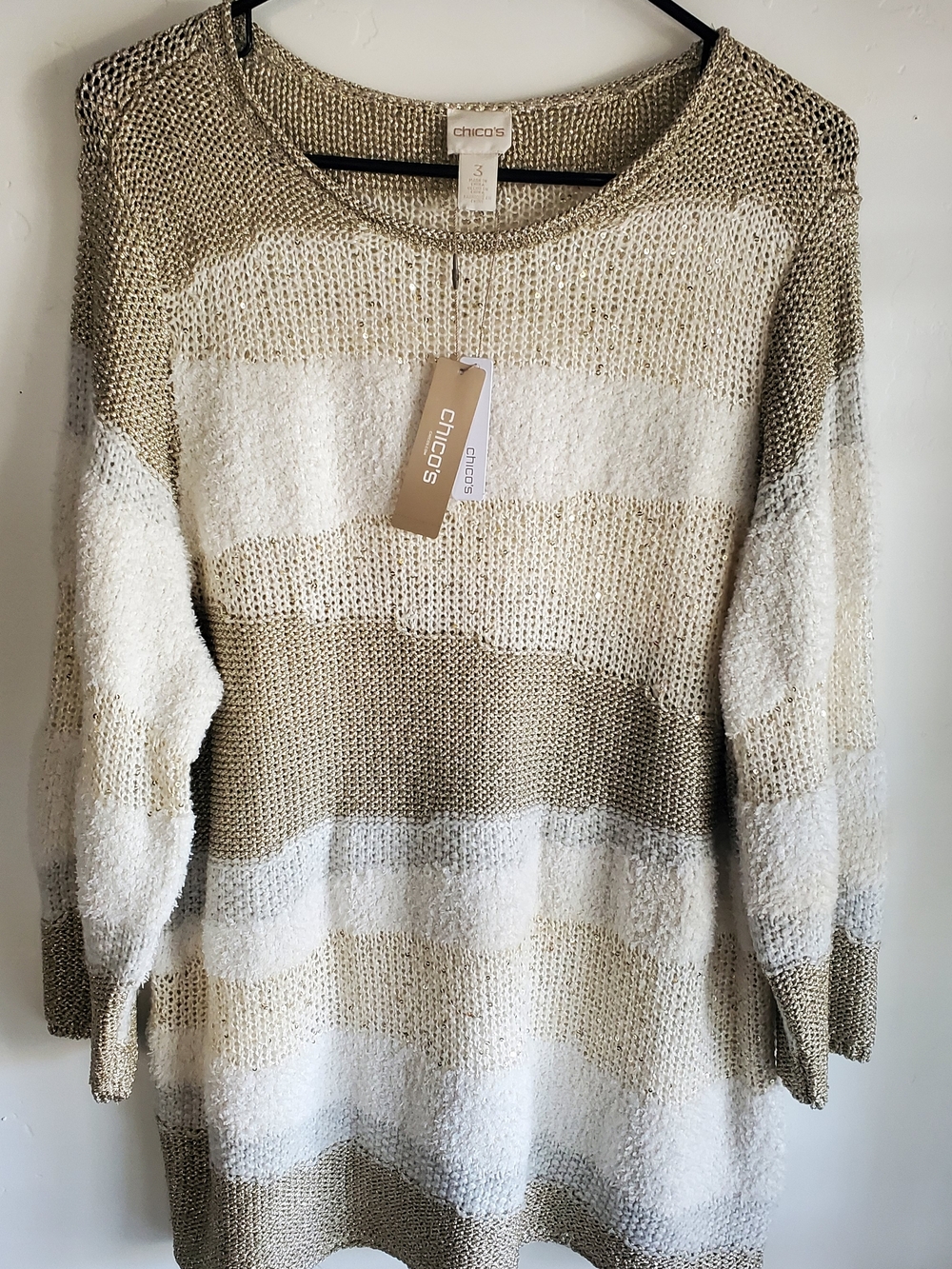 Chico's Women's Striped Knit Sweater - Cream & Tan